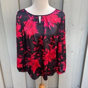 Talbots Black Red Floral Silky Long Sleeve Key Hole Neck Blouse Button Back SzMP